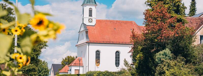 Großschafhausen mit blühenden Sonnenblumen im Vordergrund und einer weißen Kirche mit rotem Dach und Turm im Hintergrund.
