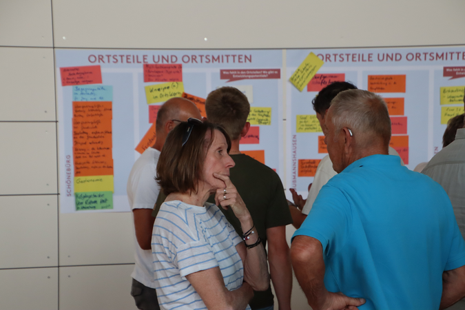 Mehrere Personen diskutieren vor einer Wand mit bunten Notizzetteln und der Überschrift "Ortsteile und Ortsmitten".