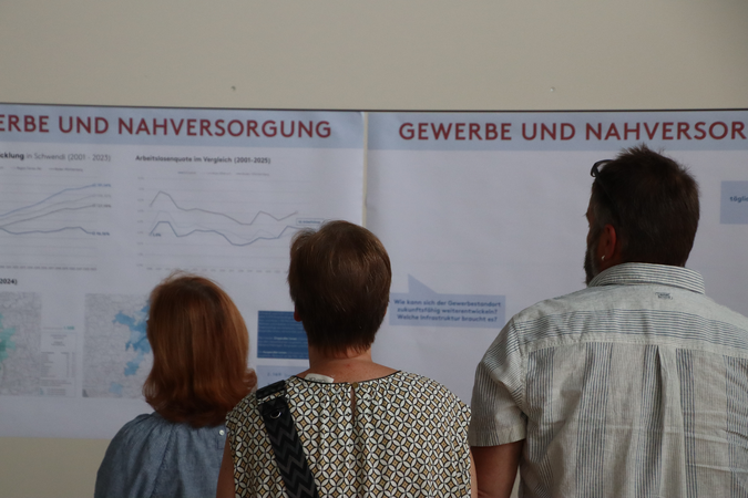 Drei Personen stehen vor einer Wand mit Diagrammen und Informationen zum Thema "Gewerbe und Nahversorgung".