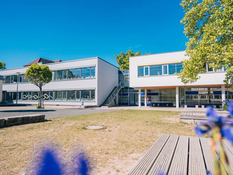 Ein modernes, zweistöckiges Schulgebäude mit großen Fenstern und einem Vorplatz mit Bänken und Bäumen unter einem strahlend blauen Himmel.