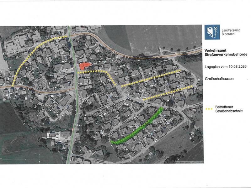 Die Karte zeigt das Straßennetz von Großschafhausen mit gelb markierten, betroffenen Straßenabschnitten.