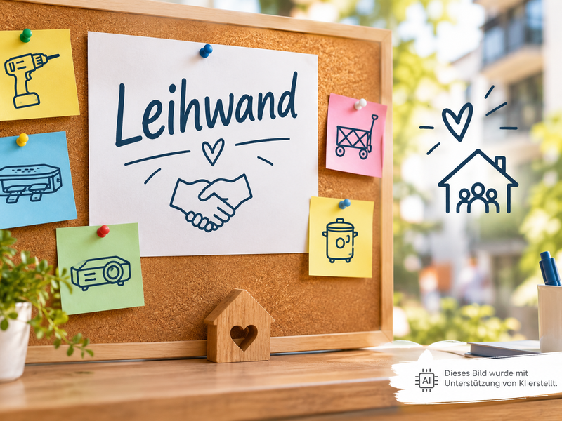 Ein Korkbrett zeigt einen Zettel mit dem Wort "Leihwand" und Bildern von Alltagsgegenständen, umgeben von Zeichnungen einer Handshake-Geste und eines Hauses mit Herzsymbol.